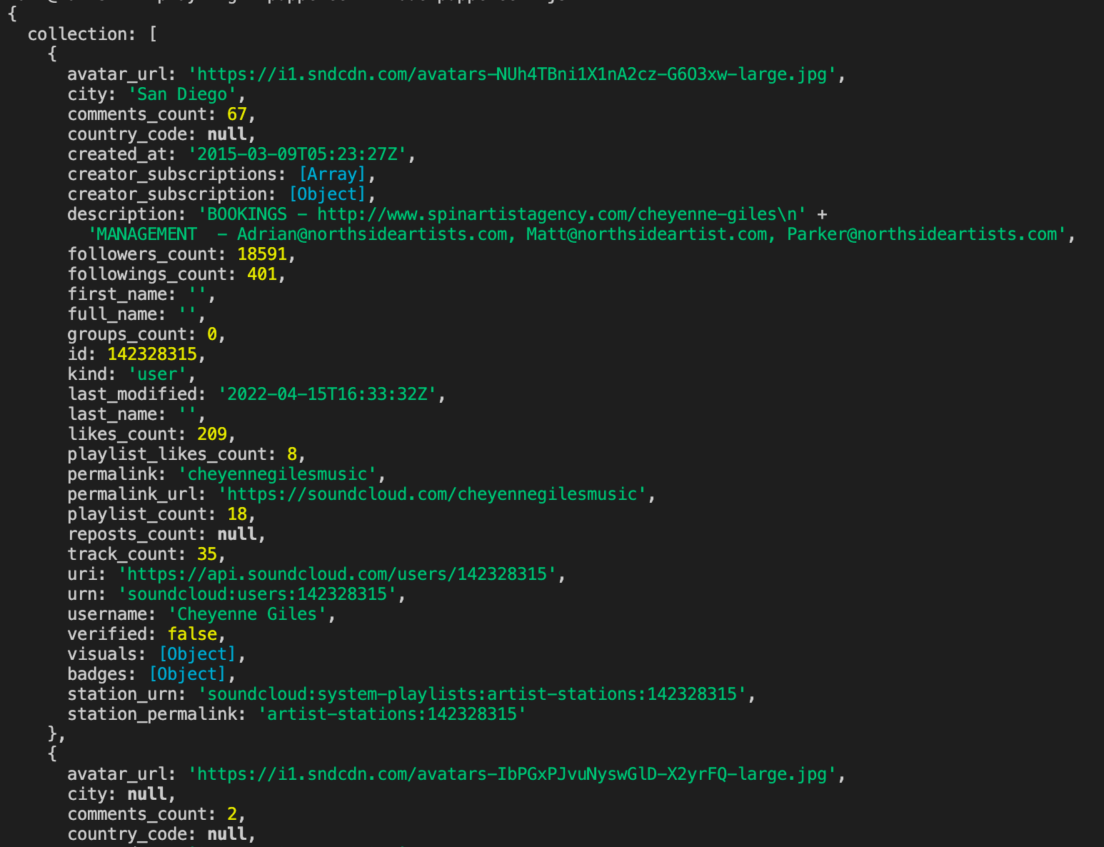 API response in console