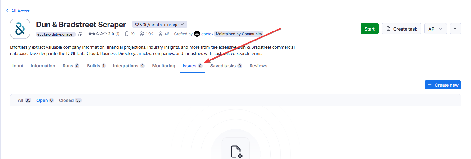 Paid Actors' issues tab