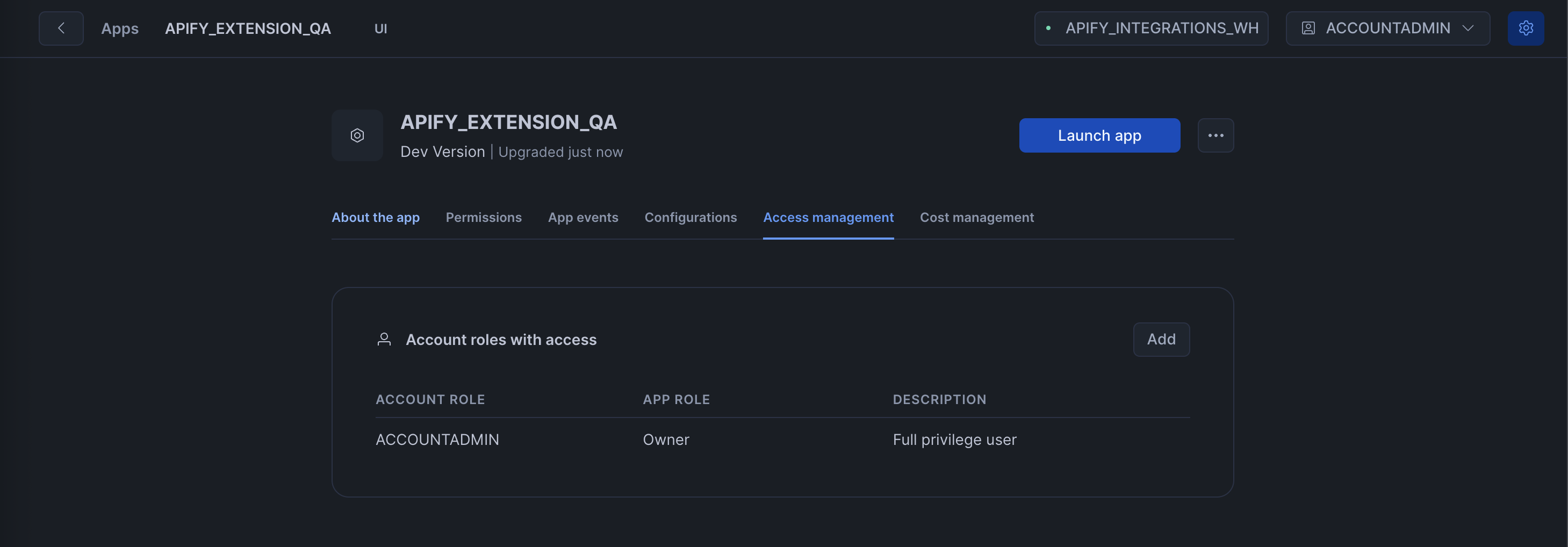 Access management tab for granting app_public role