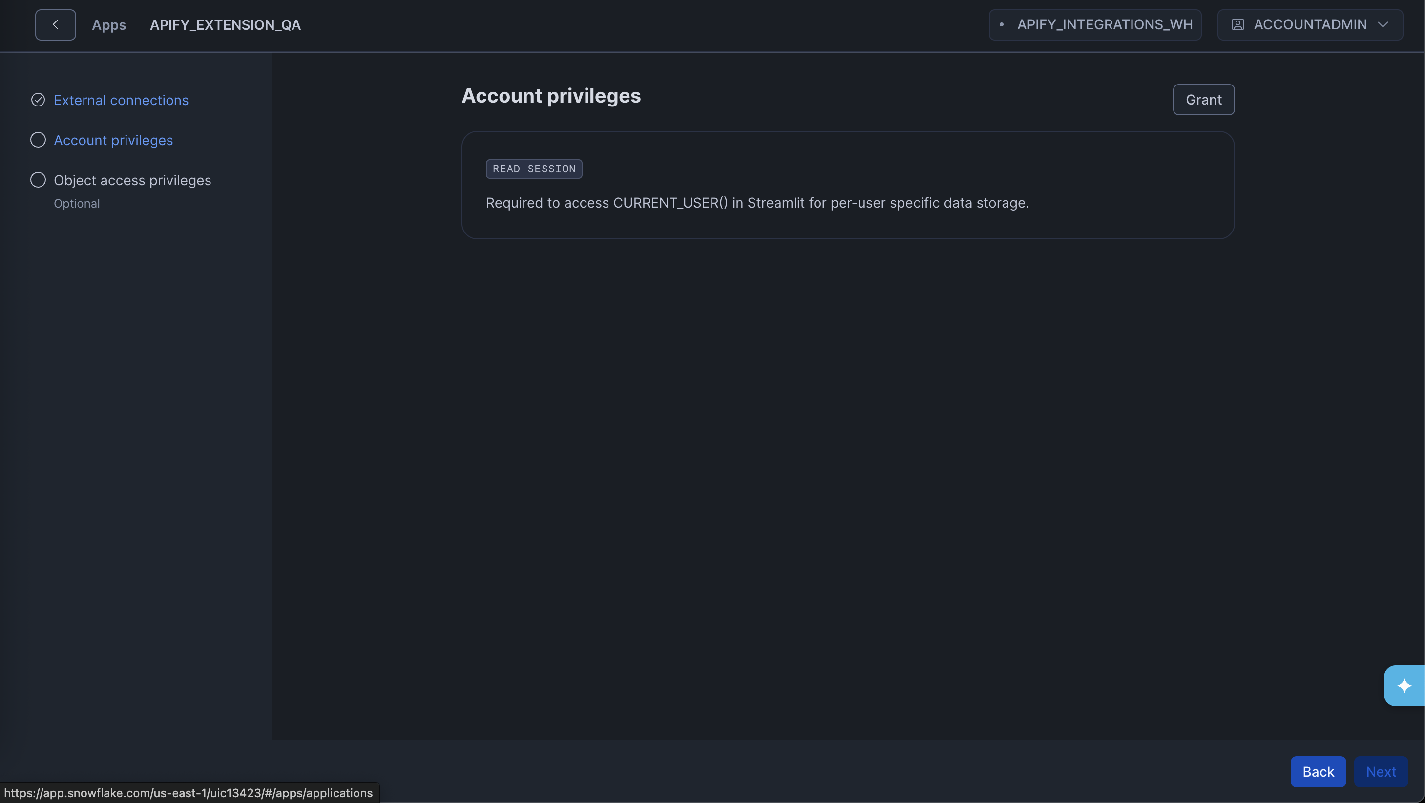 Account privileges grant during app setup