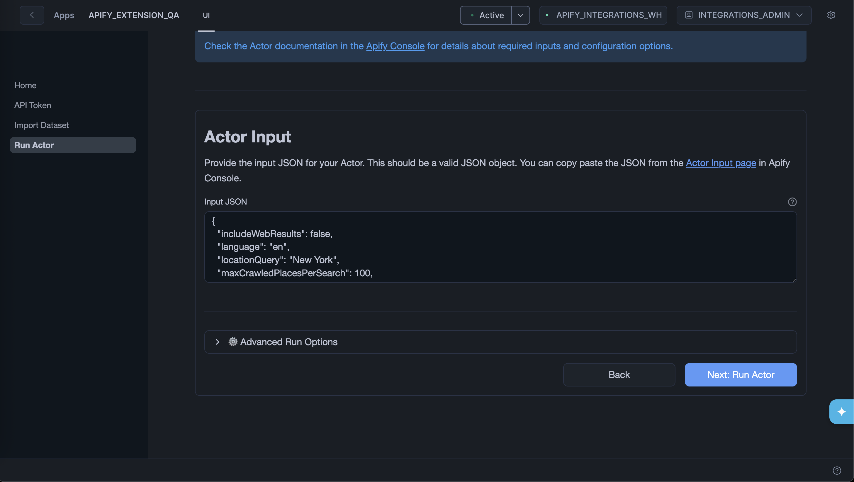 Actor Input JSON form with Advanced Run Options