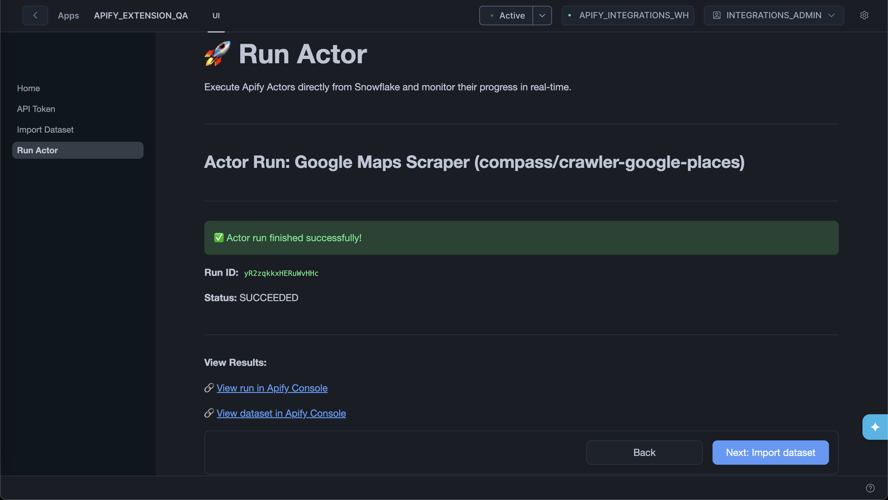 Completed Actor run with Next: Import dataset button