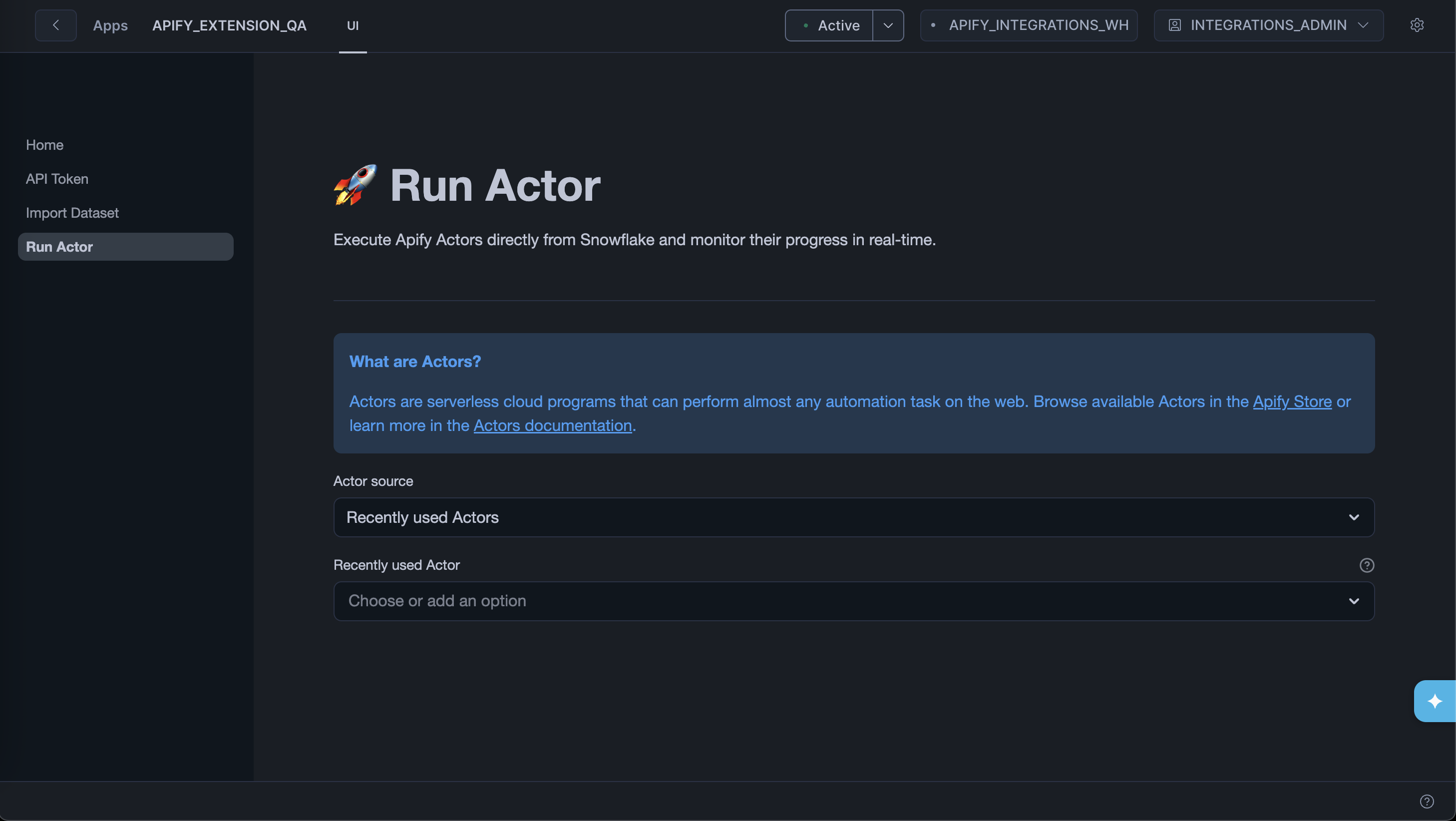 Run Actor page with Actor source and selection dropdown