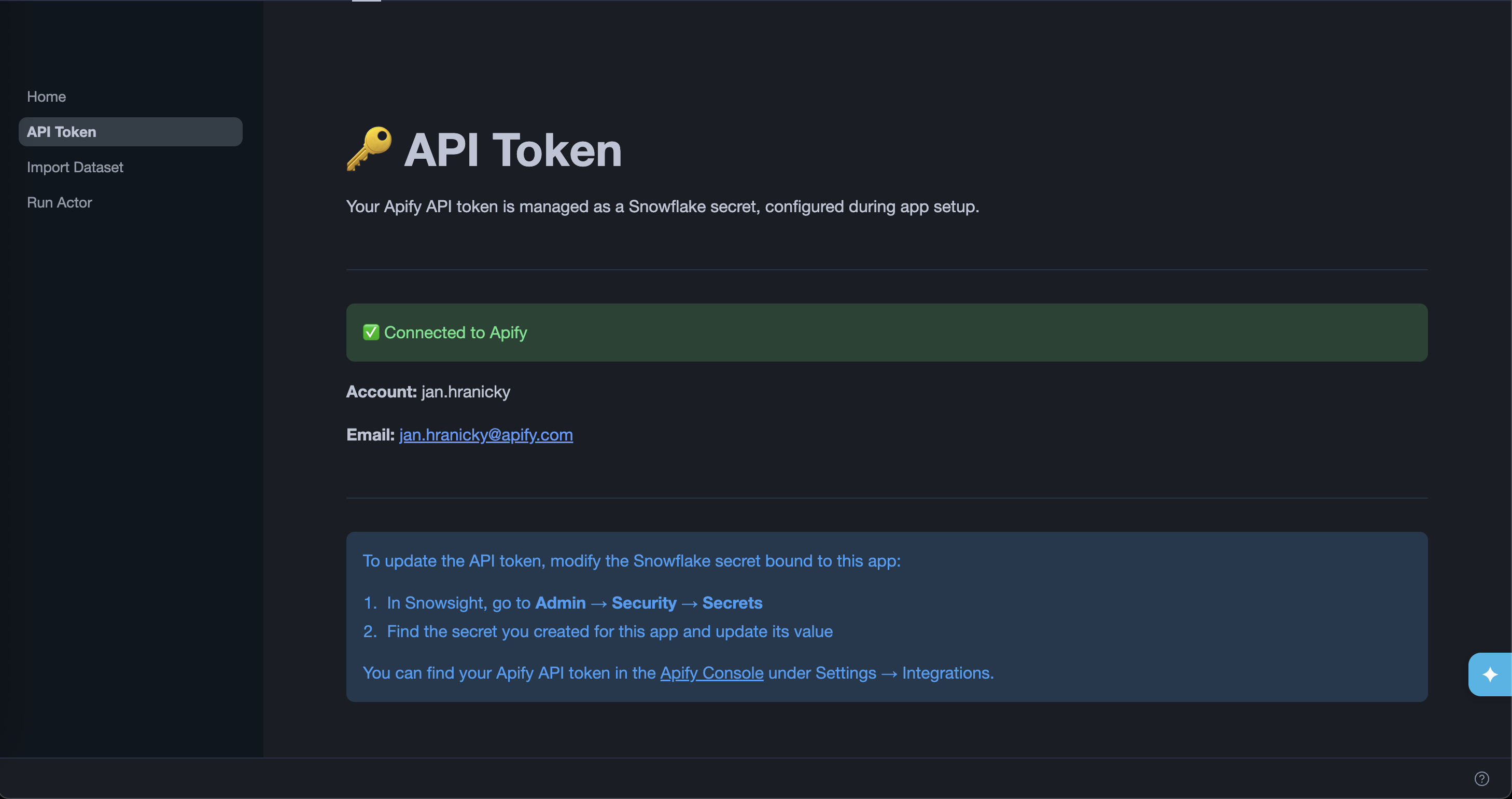 API Token page showing a connected Apify account