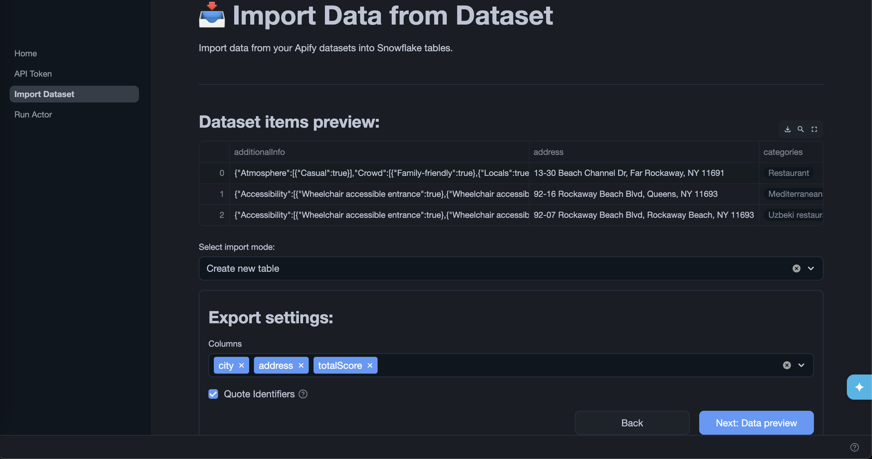 Export settings with column selection