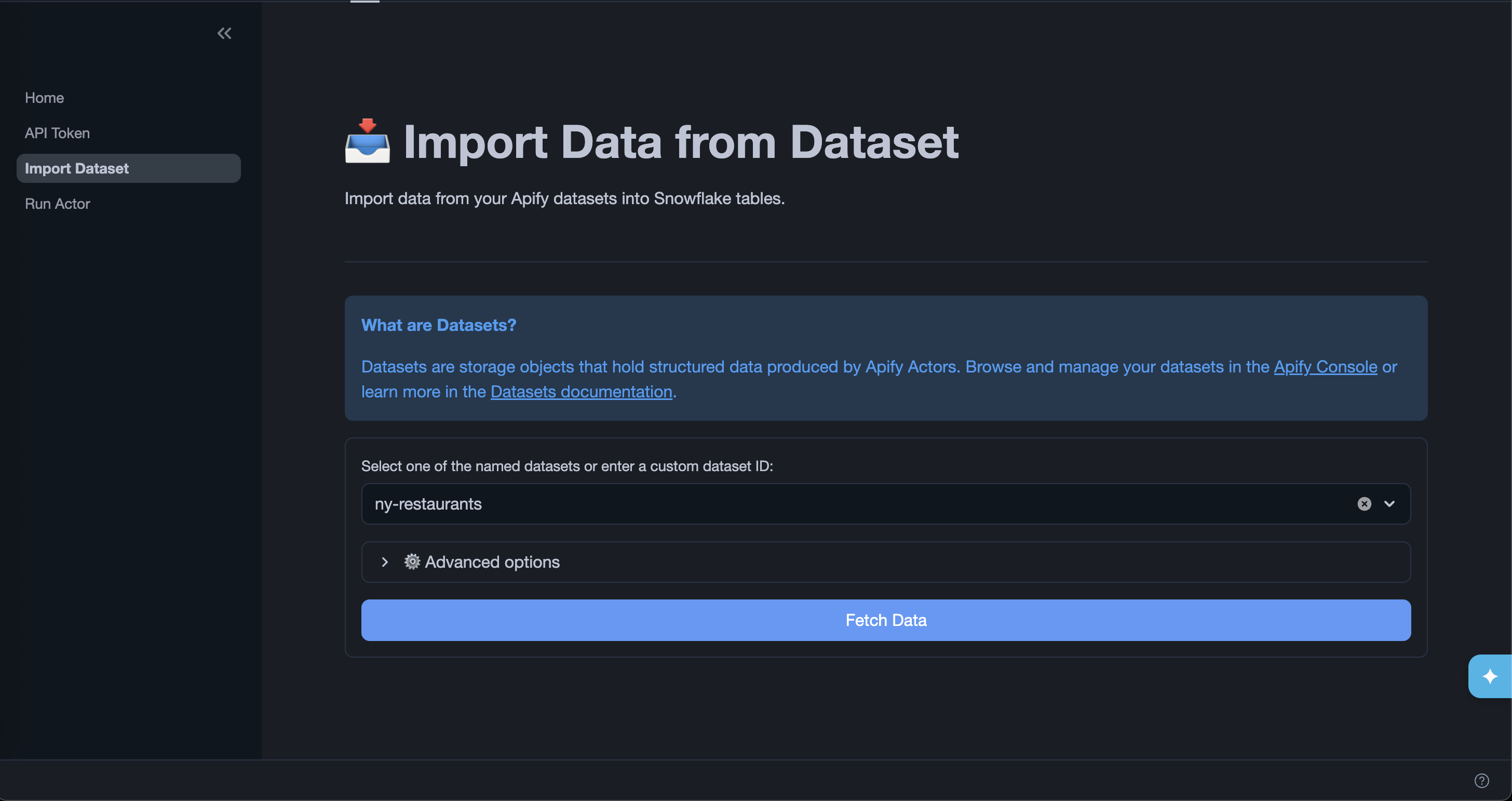 Import Dataset page with dataset selector and Advanced options