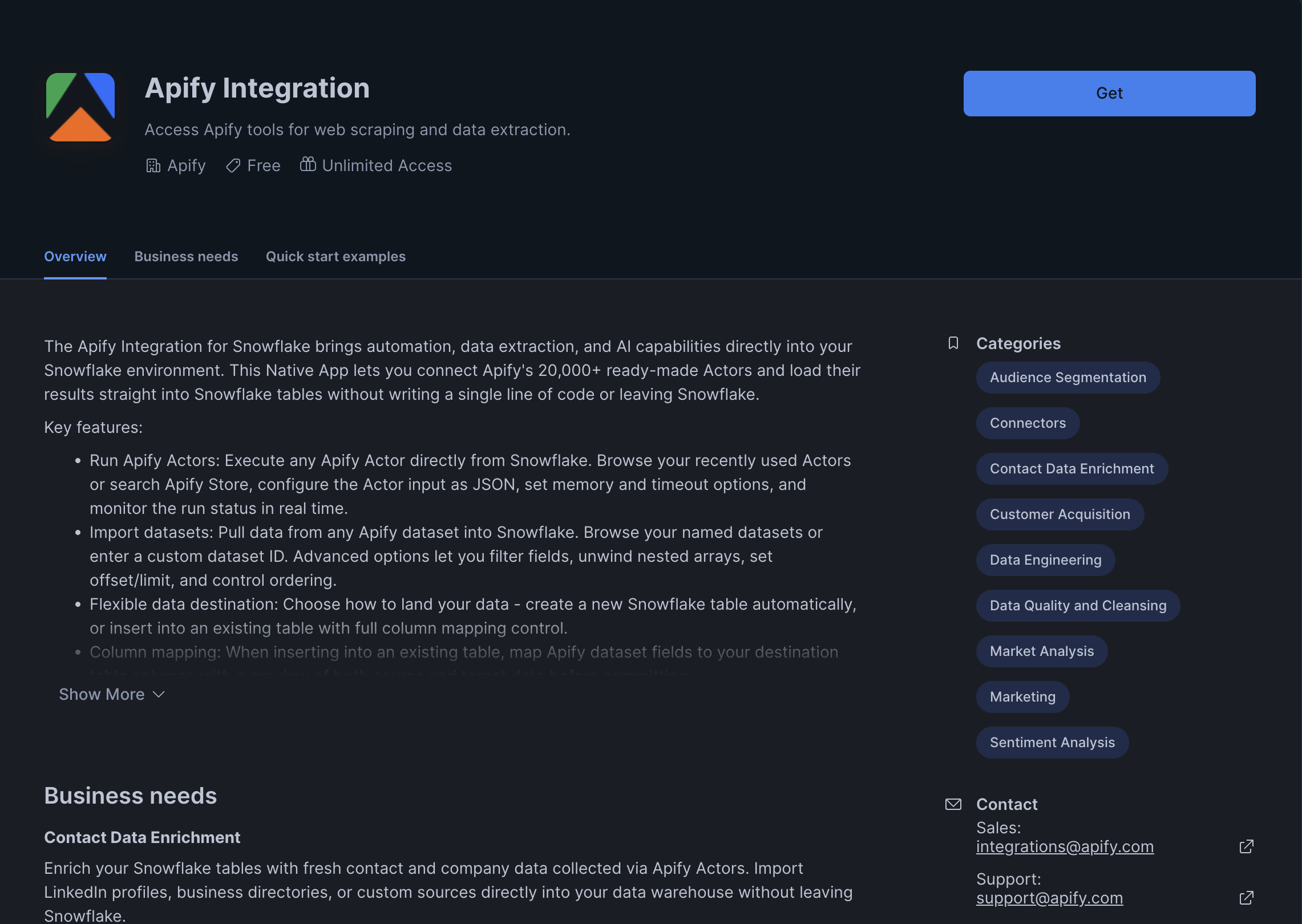 Apify integration listing in Snowflake Marketplace