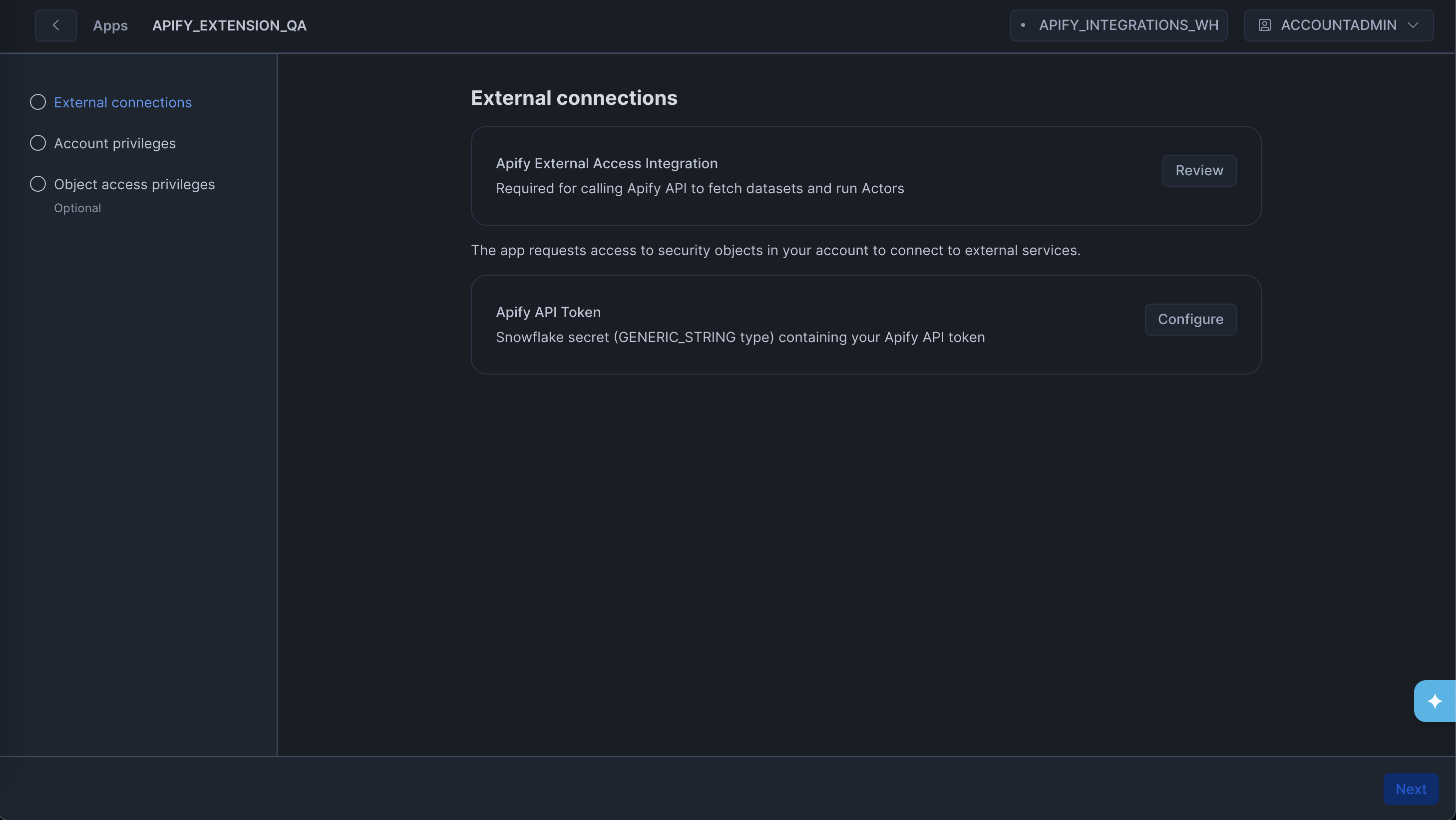 External connections setup during app installation